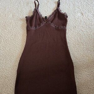 DIVIDED Brown Lace Ribbed Chemise Gown Sleeveless V-Neck Adjustable Strap S